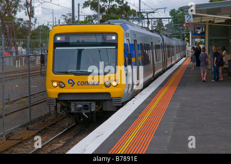 Melbourne suburban train service train arriving at Warrandyte station Stock Photo