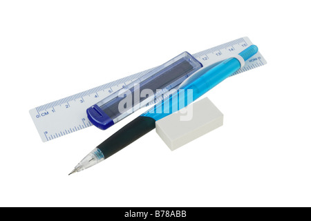 Mechanical pencil eraser ruler lead refill isolated on white background Stock Photo