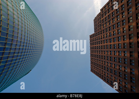 High-rise buildings, BahnTower and Kollhoff-Tower from a worm's-eye view, Potsdamer Platz, Berlin, Germany, Europe Stock Photo