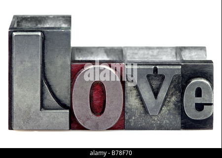 The word Love in old letterpress printing blocks isolated on a white background Stock Photo