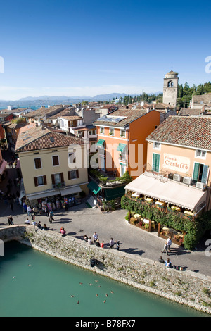 Panoramic view over the historic centre of Sirmione with the Santa Maria Maggiore Church, facing north, Lake Garda, Lago di Gar