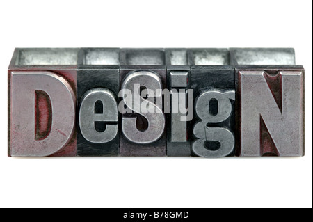 The word Design in old letterpress printing blocks isolated on a white background Stock Photo