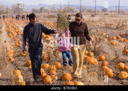 Parents swinging their daughter in a pumpkin patch in Fallon Nevada Stock Photo