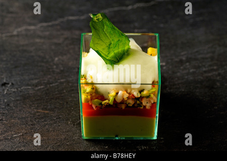 "Apéros", Avocado and crayfish with spume of tzatsiki, Haute Cuisine, Labaroche, Alsace, France, Europe Stock Photo
