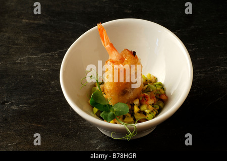 "Apéro", Avocado crayfish salad with baked black tiger prawn, Haute Cuisine, Labaroche, Alsace, France, Europe Stock Photo