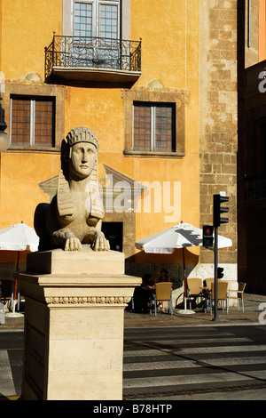 Sphinx in front of a bar cafe terrace at the Passeig des Born, Palma de Mallorca, Balearic Islands, Spain, Europe