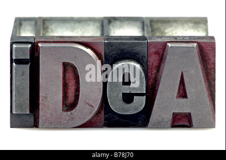 The word Idea in old letterpress printing blocks isolated on a white background Stock Photo