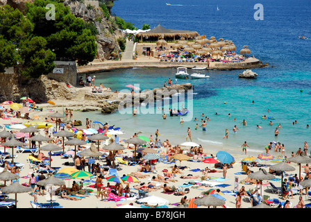 Crowded beach during the summer holidays, Playa, Platja de Ses Illetes, Majorca, Balearic Islands, Mediterranean Sea, Spain, Eu Stock Photo