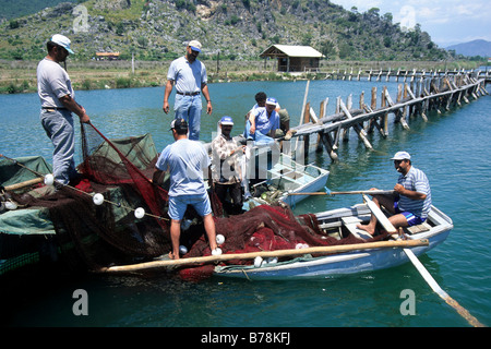 Fishermen, fish trap in river, river delta near Kaunos, Dalyan in the Mugla Province, Turkey Stock Photo