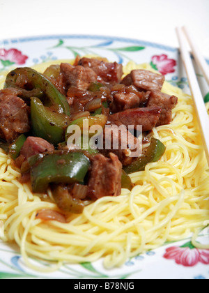 A view of beef and capsicums cooked in a black bean,ginger and garlic sauce,served on thin egg noodles. Stock Photo