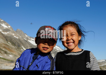 Two Inuit children in East-Greenland, Greenland Stock Photo