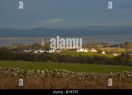 Village of Bardsea, viewed from Birkrigg Common, with Morecambe Bay beyond, near Ulverston, Cumbria, England UK Stock Photo