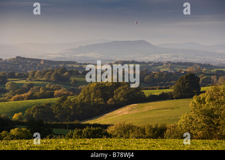 LANDSCAPE VALE OF USK MONMOUTHSHIRE S WALES UK With Hot air balloon Stock Photo