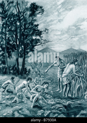Mound-builders gathering their crops of maize and squash. Photogravure of an illustration Stock Photo
