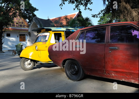 Tuk tuks come in different models in every city in Thailand, this is the style commonly seen in Ayutthaya. Stock Photo