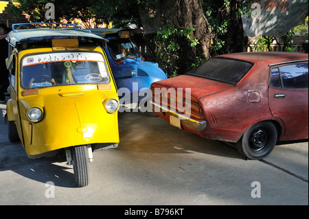 Tuk tuks come in different models in every city in Thailand, this is the style commonly seen in Ayutthaya. Stock Photo