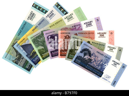 Set of Malagasy Ariary banknotes, all denominations issued Stock Photo