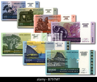 Set of Malagasy Ariary banknotes, all denominations issued Stock Photo