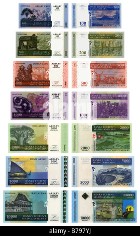 Set of all Malagasy Ariary banknotes, front and back Stock Photo