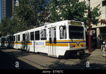 Sacramento, California, Seimens Light Rail Vehicle passing through Downtown Sacramento. Stock Photo