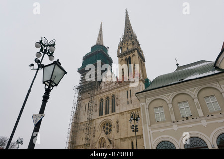 Medieval cathedral of St. Stephen with adjacent lamps in Zagreb Croatia, Winter time Stock Photo