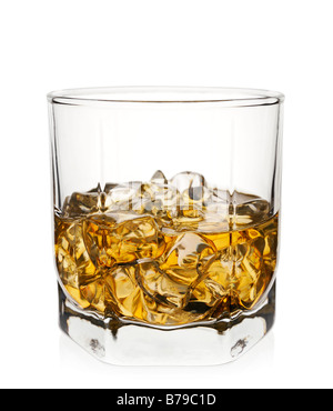 Glass of Whisky with Ice Against a White Background Close Up Stock Photo