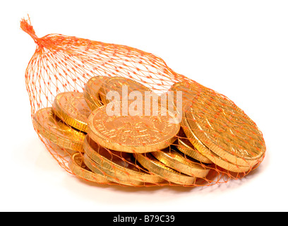 Bag of chocolate gold coins Stock Photo