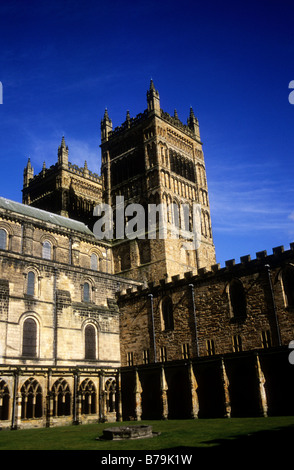 The tower of Durham Cathedral. The Romanesque cathedral is viewed from the cloisters. Stock Photo