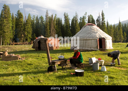 A Mongolian yurt encampment in Kanas in Xinjiang in China. Stock Photo