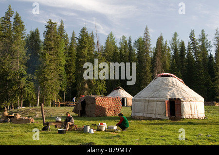 A Mongolian yurt encampment in Kanas in Xinjiang in China. Stock Photo