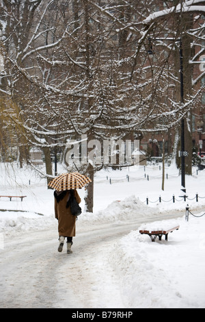 Woman walking in Snow in Boston Public Garden Stock Photo