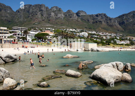 the tidal pool at camps bay the twelve apostles mountain range in the background cape town south africa Stock Photo