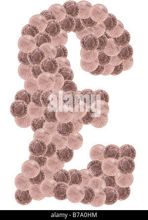 Pound symbol made from one hundred one penny coins arranged in the shape of the pound sign Isolated on white. Stock Photo