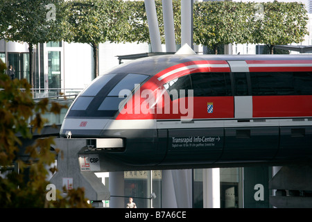 True to original Transrapid TR8 model at the Munich Franz-Josef-Strauss Airport between terminals 1 and 2 in Munich, Bavaria, G Stock Photo