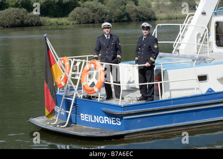 Harbor Patrol police officers, Wasserschutzpolizei Beilingries on patrol boat WSP 50 on the Rhine-Main-Danube Canal near Beilin Stock Photo