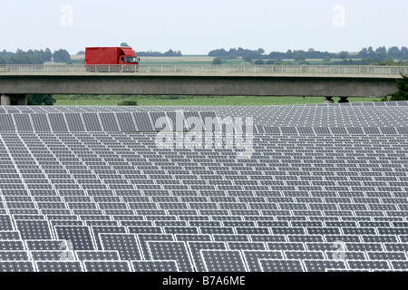 Photovoltaic modules of the currently largest photovoltaic system of the world in the Bavarian Solar Park Muehlhausen, Bavaria, Stock Photo