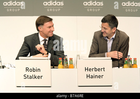 Herbert Hainer, chairman of the Adidas AG on the right, Robin Stalker, chairman of the finances of the Adidas AG on the left, a Stock Photo