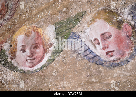Faces of cherubs, fresco, on rough plaster, Maria Stein pilgrimage church, Unterinntal Valley, Tyrol, Austria, Europe Stock Photo