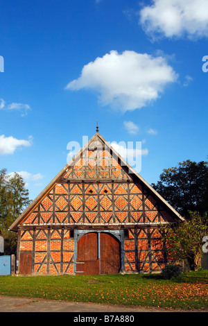 Historic timber-framed farm house, in the round village of Guehlitz, house of the estates, Wendland area, Luechow-Dannenberg di Stock Photo