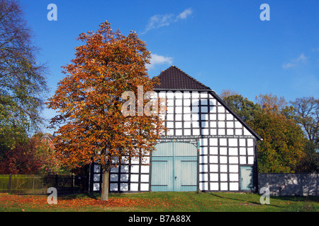 Historic Lower Saxon timber framed house with typical large door in Luckau Village in autumn, farm house, Hannoversches Wendlan Stock Photo