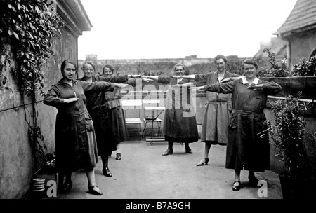 Historic picture, women exercising in the morning, taken around 1930 Stock Photo