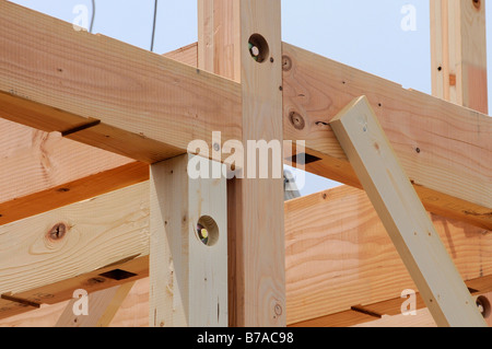 Mortise and tenon joints in a modern prefabricated house, Iwakura, Japan, Asia Stock Photo
