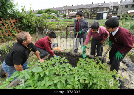 Children visit a local allotment project to learn about gardening and the environment Stock Photo