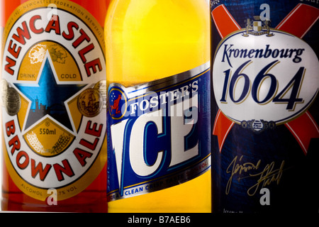 Newcastle Brown Ale Kronenbourg 1664 and Fosters Ice beer brands part of the Scottish Newcastle Stock Photo