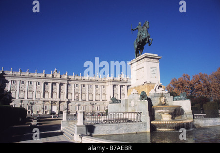 Statue of King Felipe IV and Royal Palace, Plaza de Oriente, Madrid, Spain Stock Photo