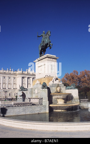 Statue of King Felipe IV and Royal Palace, Plaza de Oriente, Madrid, Spain Stock Photo