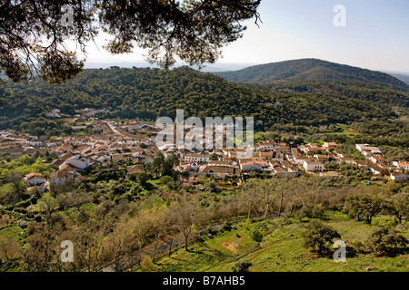 Panoramic view of Alajar Parque Natural de la Sierra de Aracena and Picos de Aroche Huelva Andalusia Spain Stock Photo