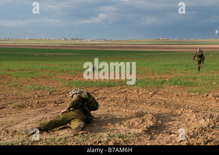 Israeli soldiers from the 35th Brigade also known as the Paratroopers Infantry Brigade taking part in a drill at the border with Gaza Strip. Israel Stock Photo