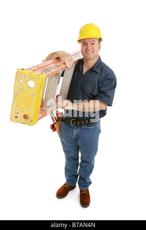 Friendly construction worker carrying a ladder over his shoulder Full body isolated on white Stock Photo