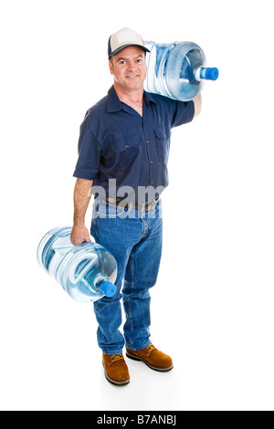 Strong delivery man carrying two five gallon water bottles Full Body isolated on white Stock Photo